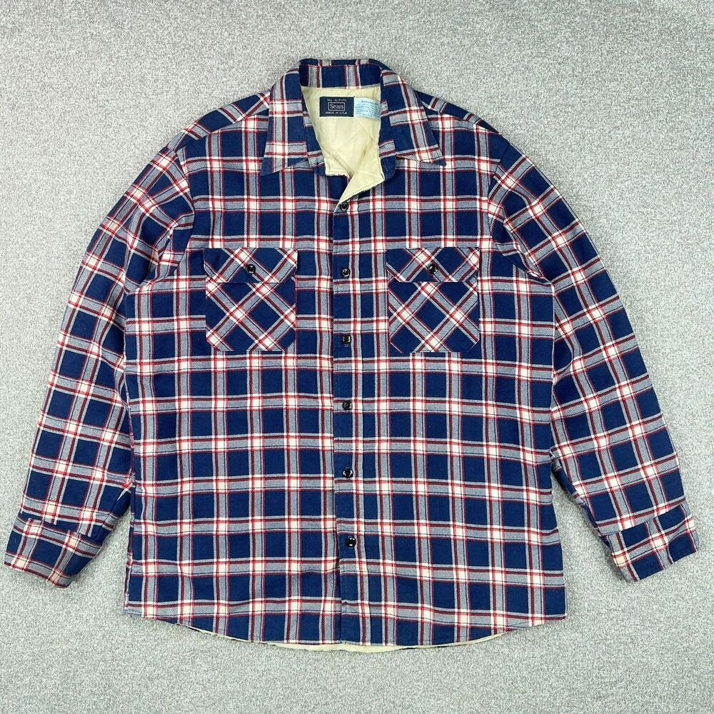 VTG 70s Sears Perma Prest Flannel Shacket Mens XL TALL Quilted Lining Plaid USA